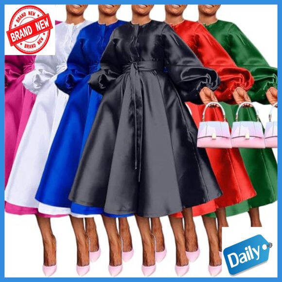 Long Sleeve Satin A-Line Cocktail Dress with Belt, Formal Babydoll - Picture 5 of 6